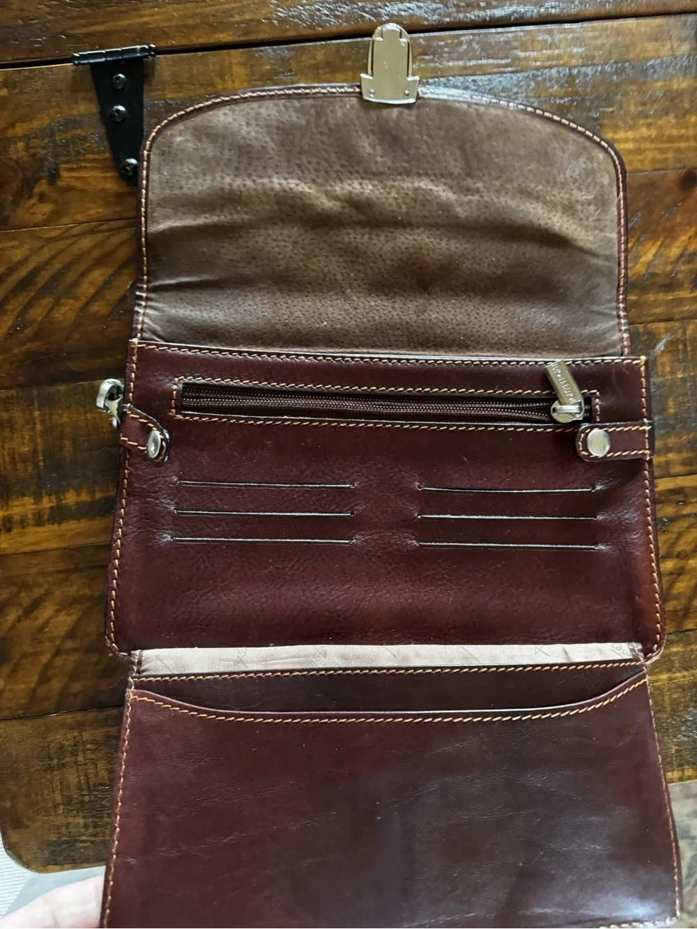 Leather Wristlet Clutch in Deep Brown by Tony Perotti